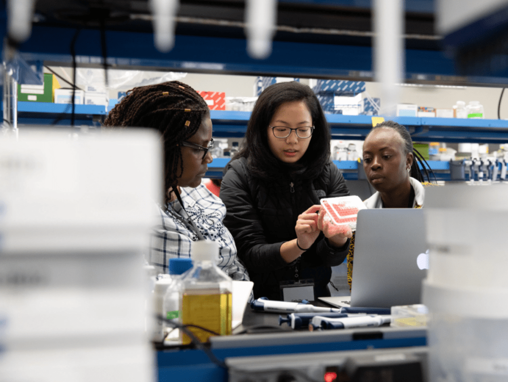 Protein Science team member collaborating on a lab experiment at Biohub