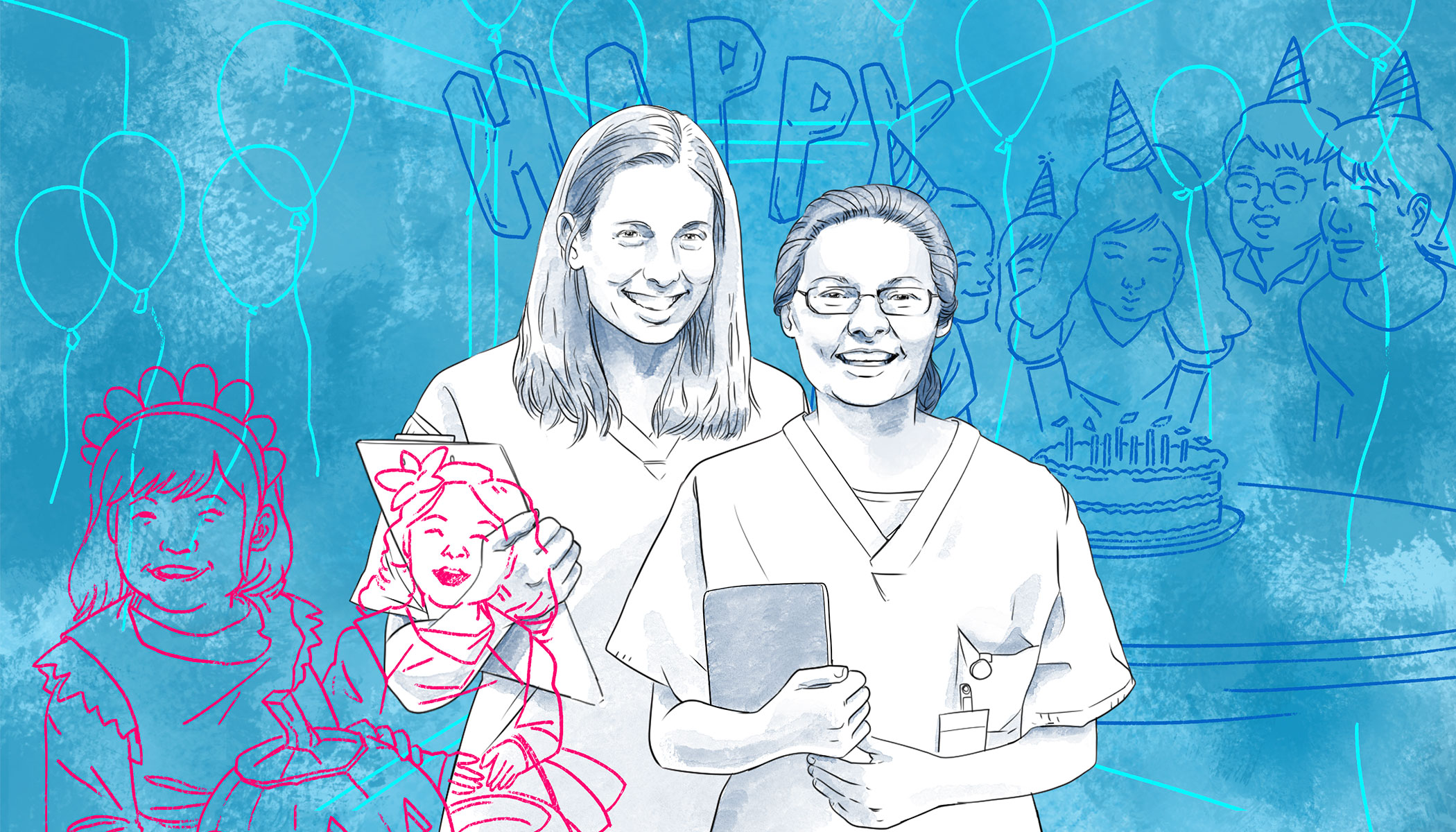 Illustrated portrait of two smiling women in medical scrubs standing together, with colorful line drawings of children in party hats and birthday celebrations in the background on blue watercolor wash.