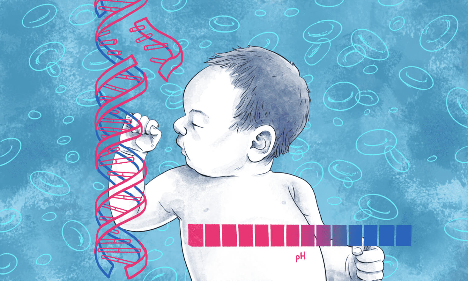Infant reaching toward red and blue DNA double helix structure with pH scale below, surrounded by floating cellular illustrations.