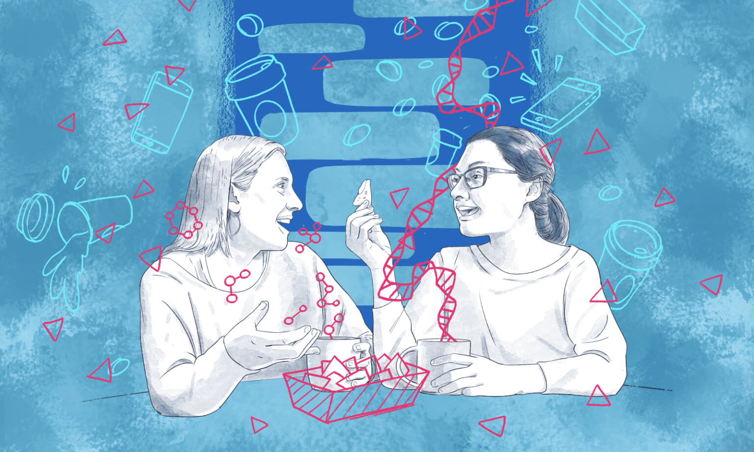 Two women sharing nachos from a wireframe basket while sitting at table, surrounded by illustrated coffee cups, phones, laboratory equipment and molecular structure graphics.
