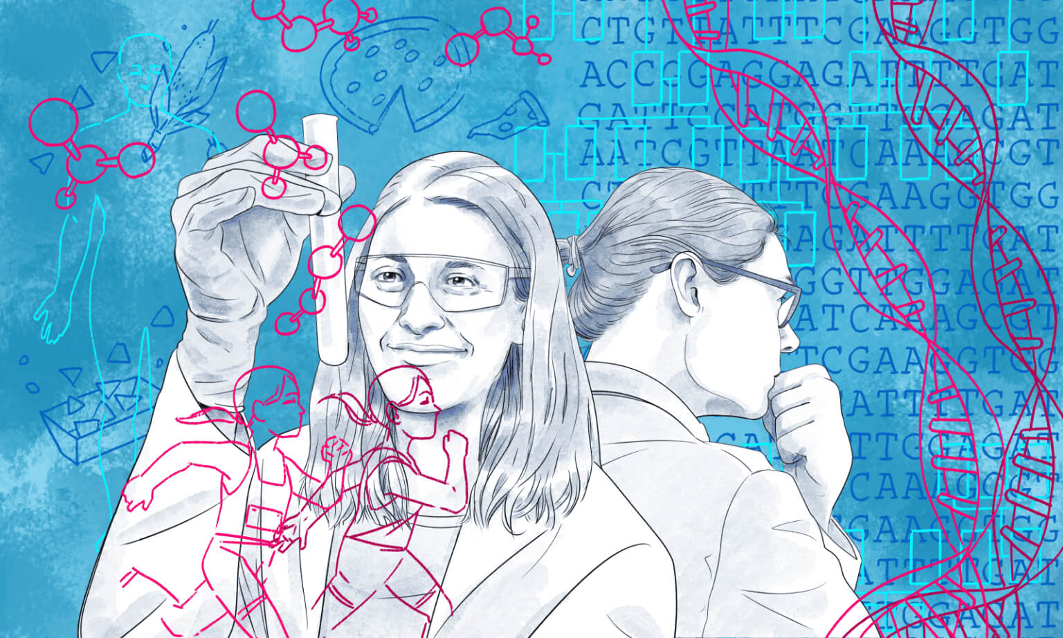 Woman with glasses holding laboratory vial while colleague works in background, surrounded by DNA sequences and scientific molecular diagrams.
