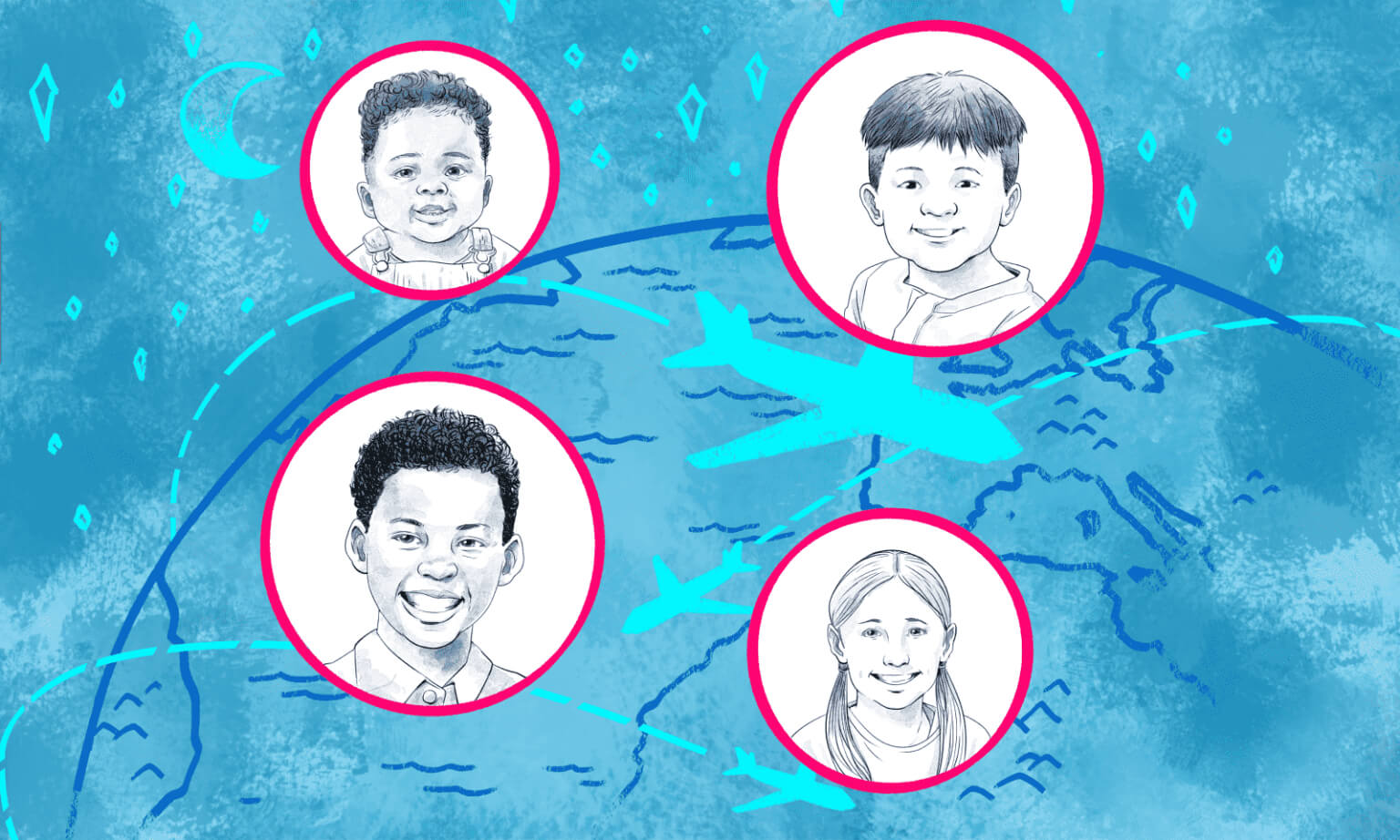 Four children's portrait sketches in pink circles positioned around illustrated globe with geometric star pattern background.