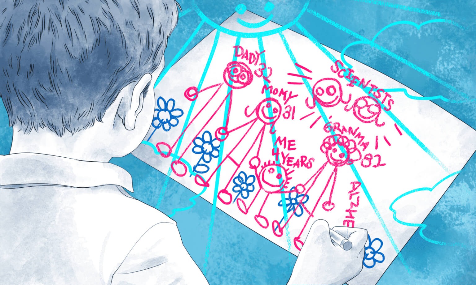 Child's hands holding a colorful drawing with "DADDY," "MOMMY," stick figures, flowers, and family messages in pink and blue crayon.
