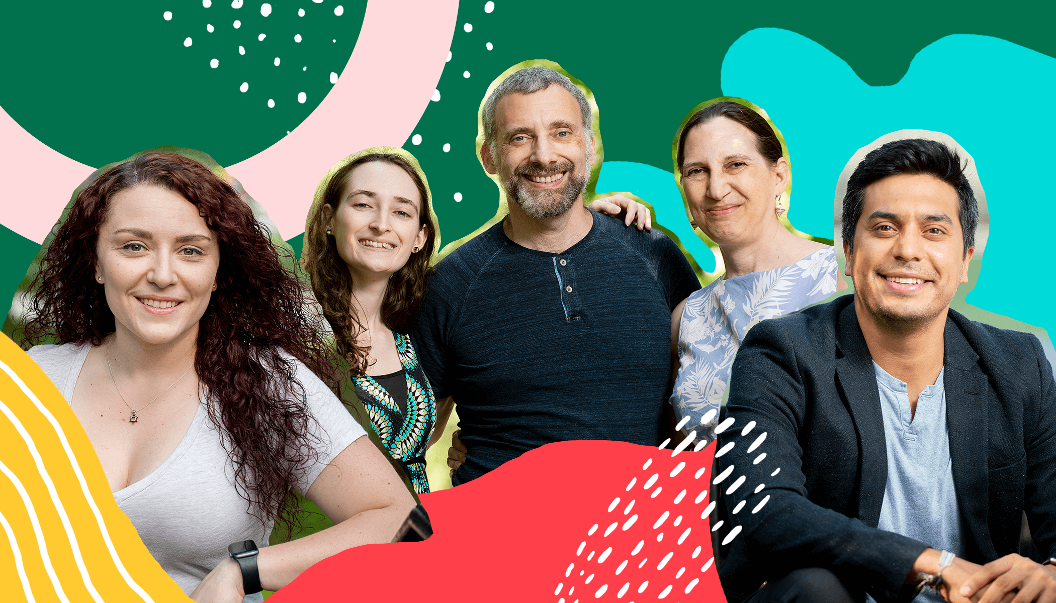 A woman with long curly hair, a family of three and a man in a blazer all smile. Colors illustrations are behind them.