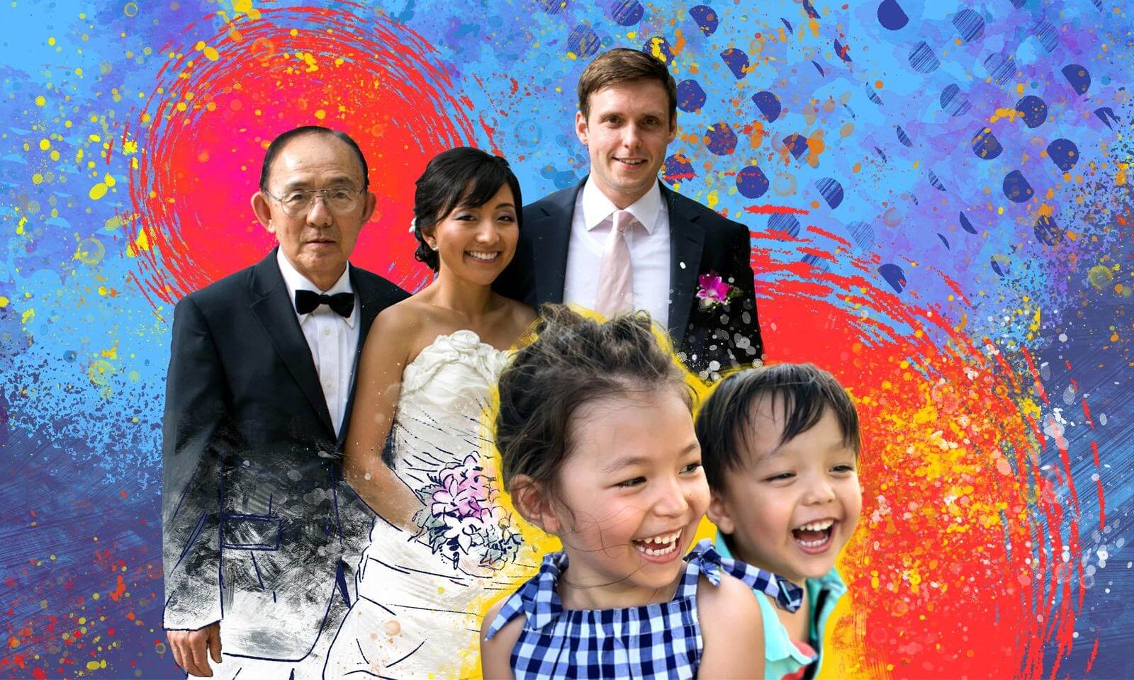 A wedding portrait of a bride, groom, and an older man is overlaid with colorful splashes and sketch effects, with two children smiling in the foreground.
