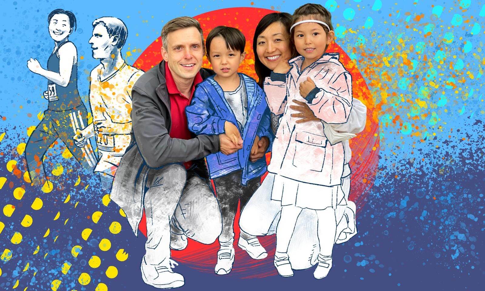 A family of four smiles in front of a colorful backdrop with painted runners, blending photography with sketch-style illustration.