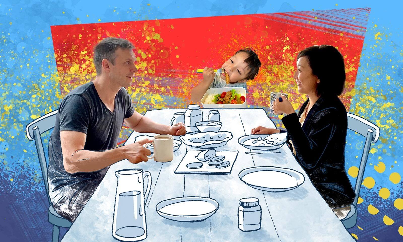 A man and woman sit across from each other at a breakfast table, talking and smiling, with a child eating in the background. The scene combines illustration and photo.