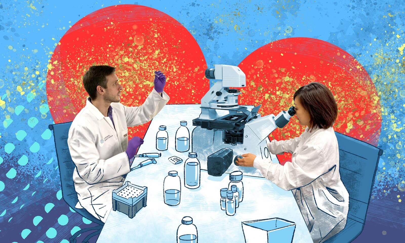 Two scientists work together at a lab bench with a microscope and bottles, illustrated on a painted red and blue backdrop.