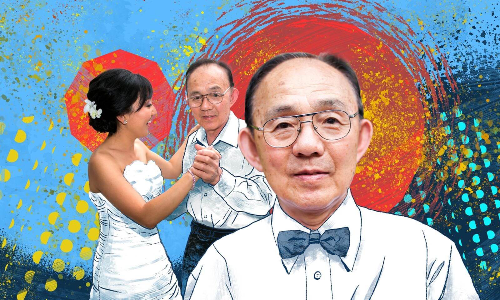 A bride dances with her father, smiling, with an enlarged portrait of the father in the foreground. The scene is drawn over a painted blue and red background.