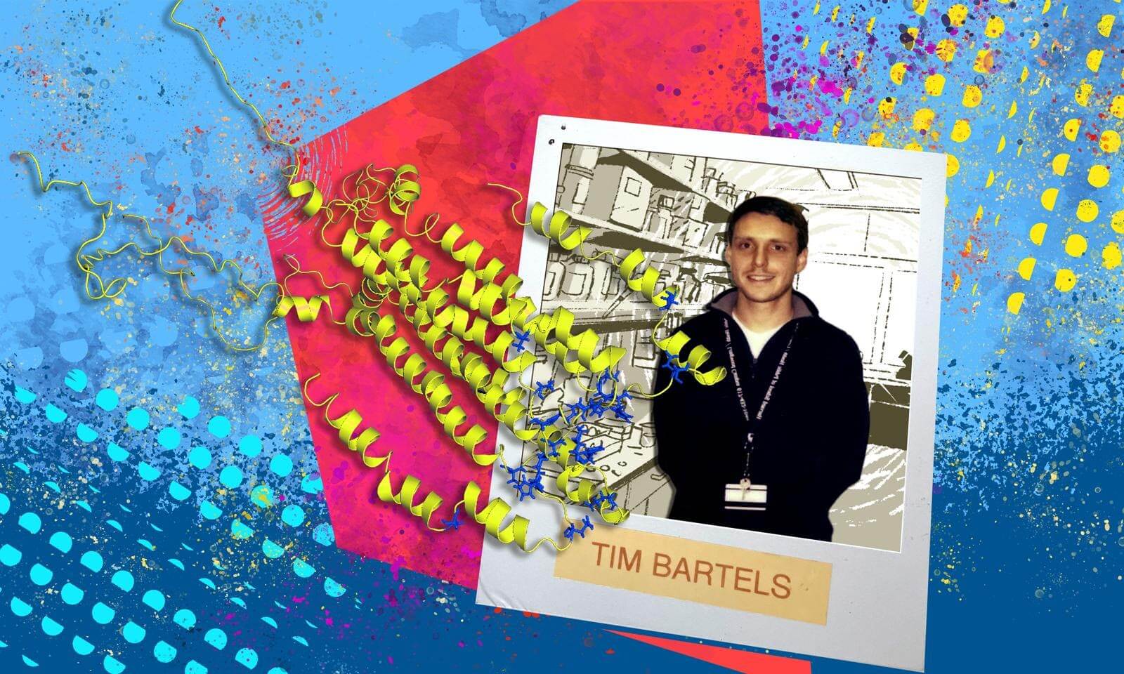 A portrait of researcher Tim Bartels is overlaid on a drawn lab background with a 3D protein structure wrapping around the image.