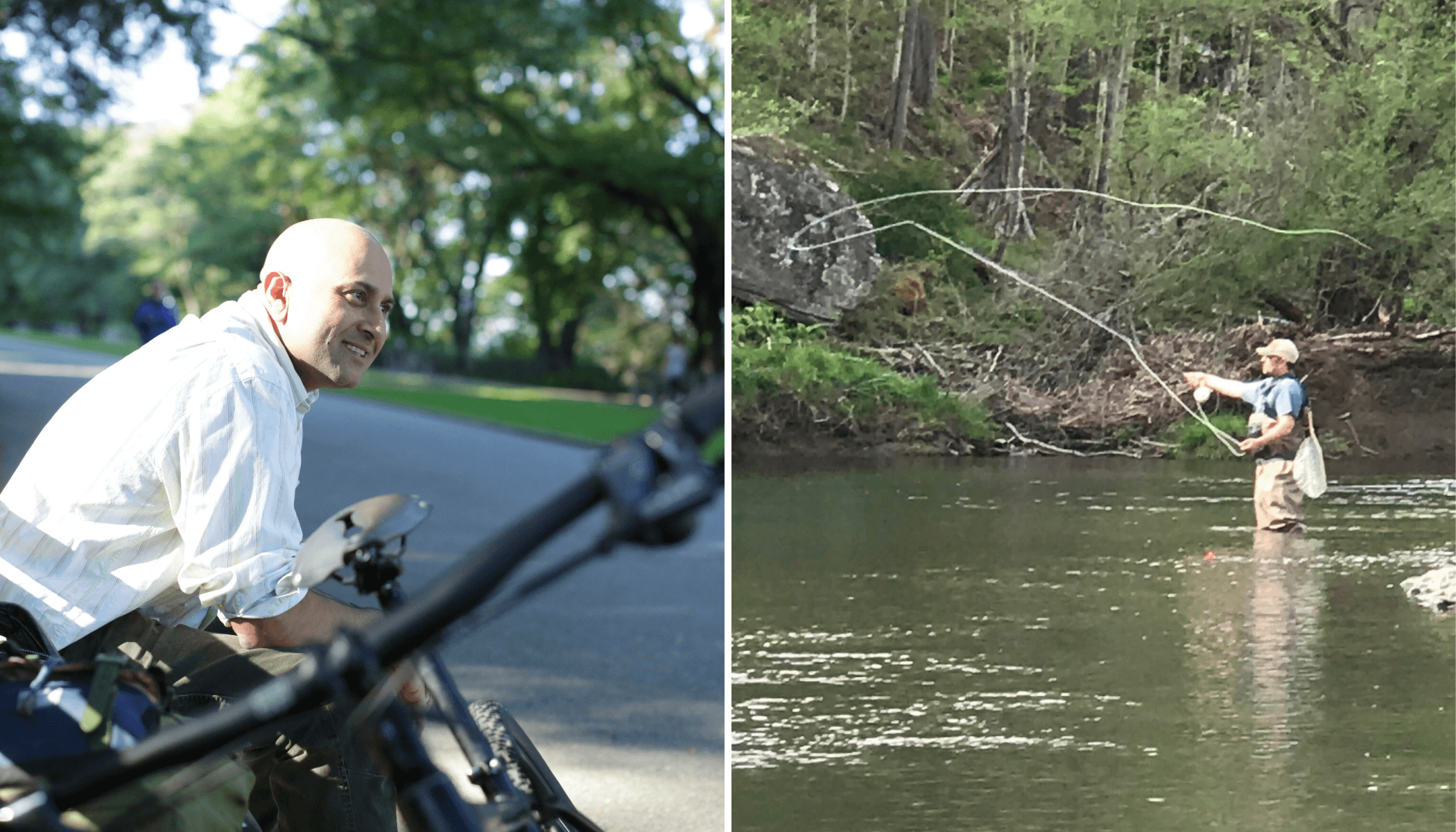 Abbas Rizvi smiles while sitting on a bicycle in a sunlit park in the left image, and stands in a shallow stream while fly fishing in the right image, surrounded by trees and nature.