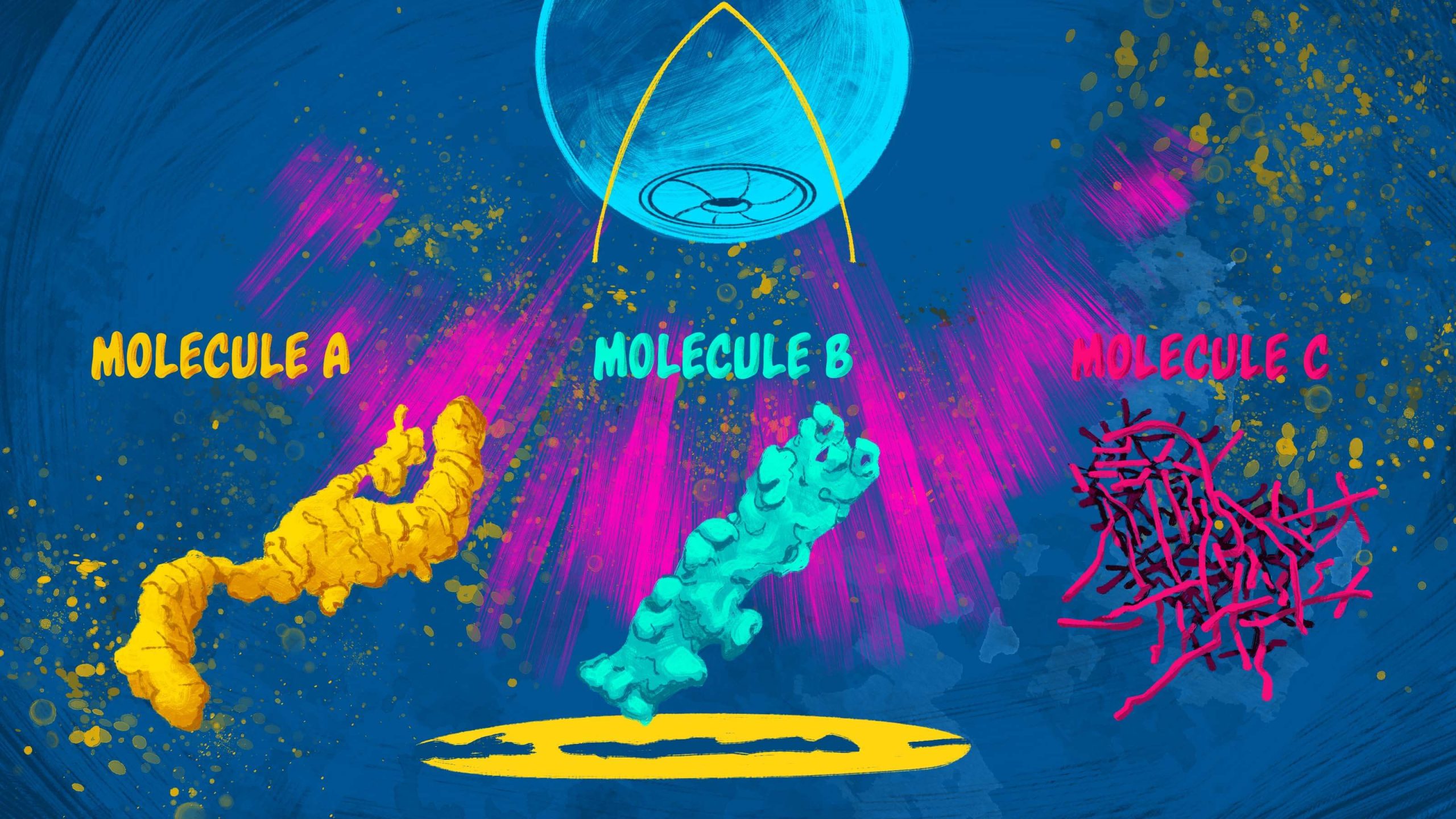 A colorful illustration of three differently shaped molecules.