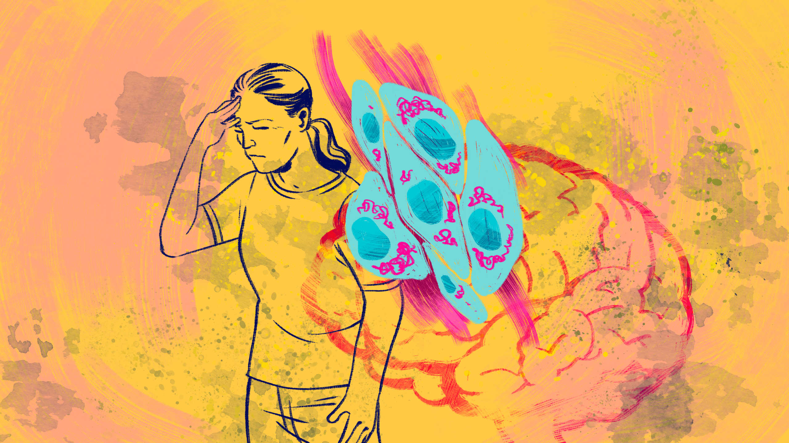 Illustration of a woman with a painful expression presses hand to head overlaid with an illustration of the brain