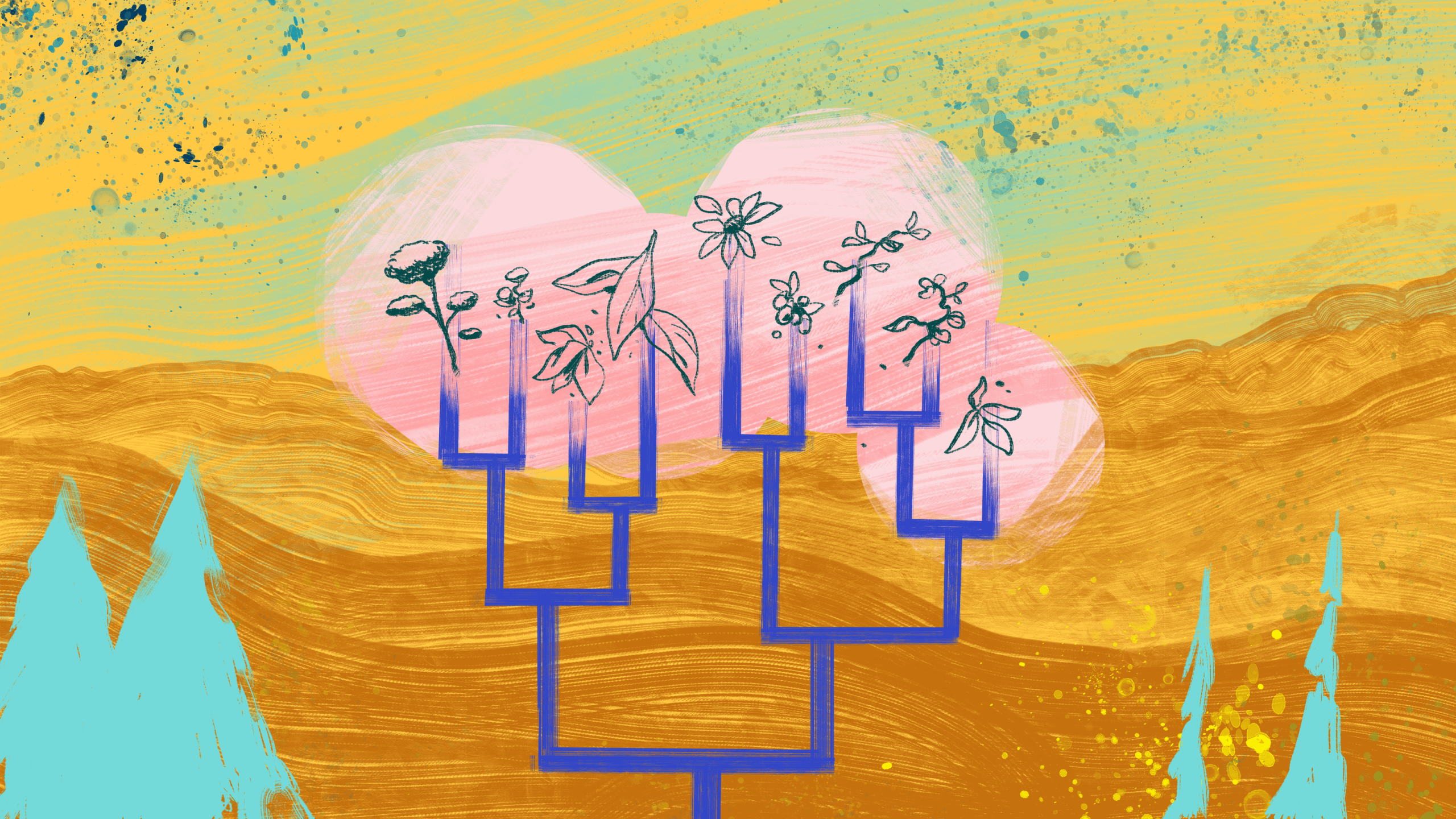 Illustration of a gold mountainscape and various lines reaching toward the sky with flowers on the ends.