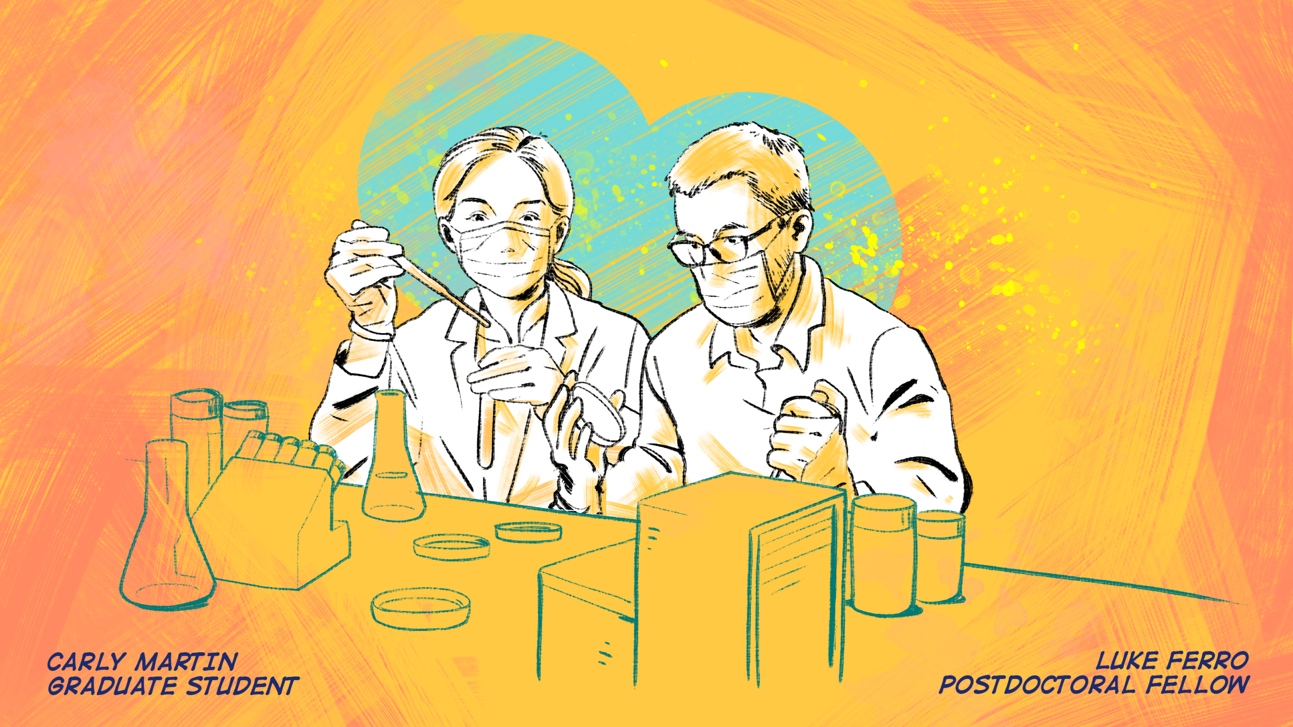 Illustration of two people in white lab coats with masks on, sitting in a lab working on a research project