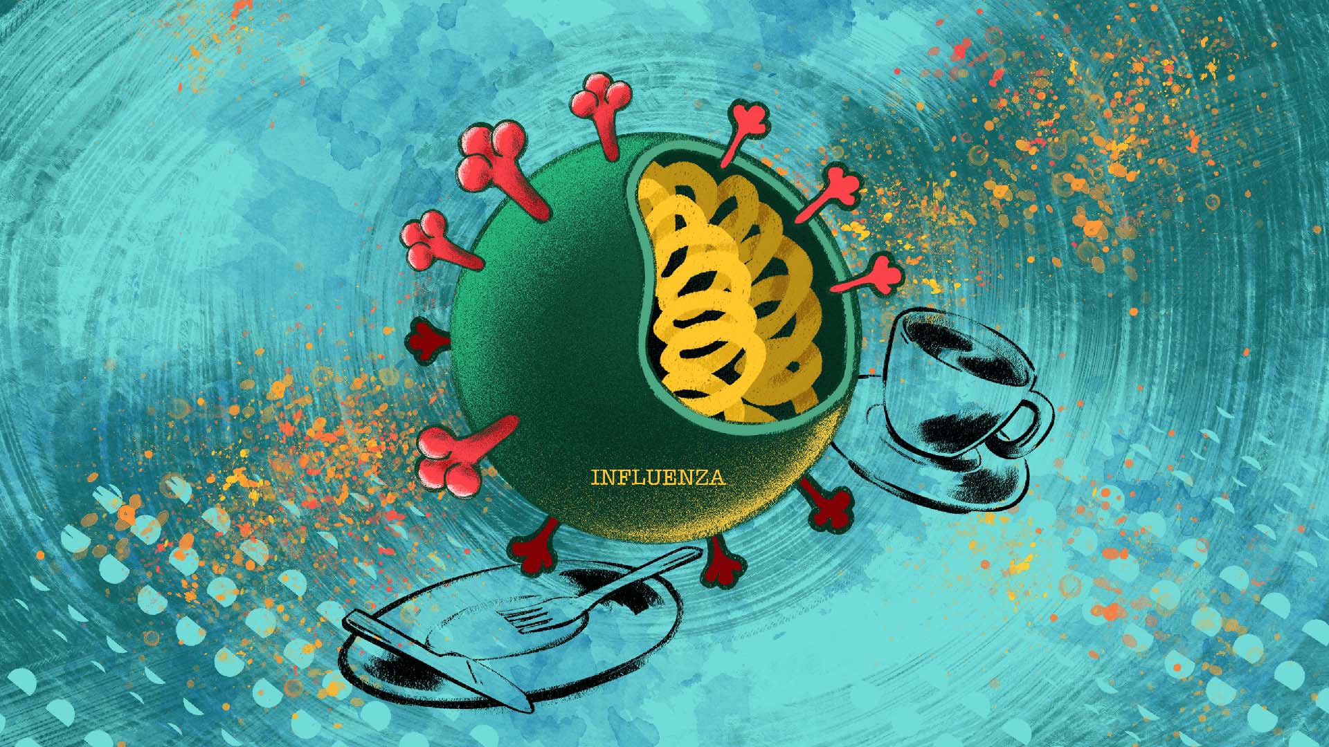 Illustrated cross-section of the influenza virus with red spike proteins and yellow internal structures, shown next to a cup and plate on a swirling teal background.