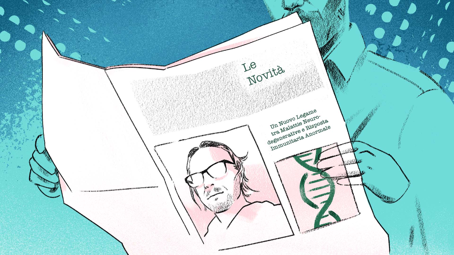 Illustration of a person reading a newspaper featuring a sketch of a scientist and an image of a DNA strand, with text in Italian.