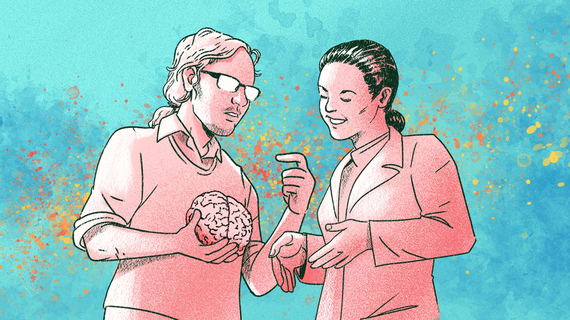 One scientist holds a brain model while speaking with another, both wearing lab coats against a blue and red illustrated background.