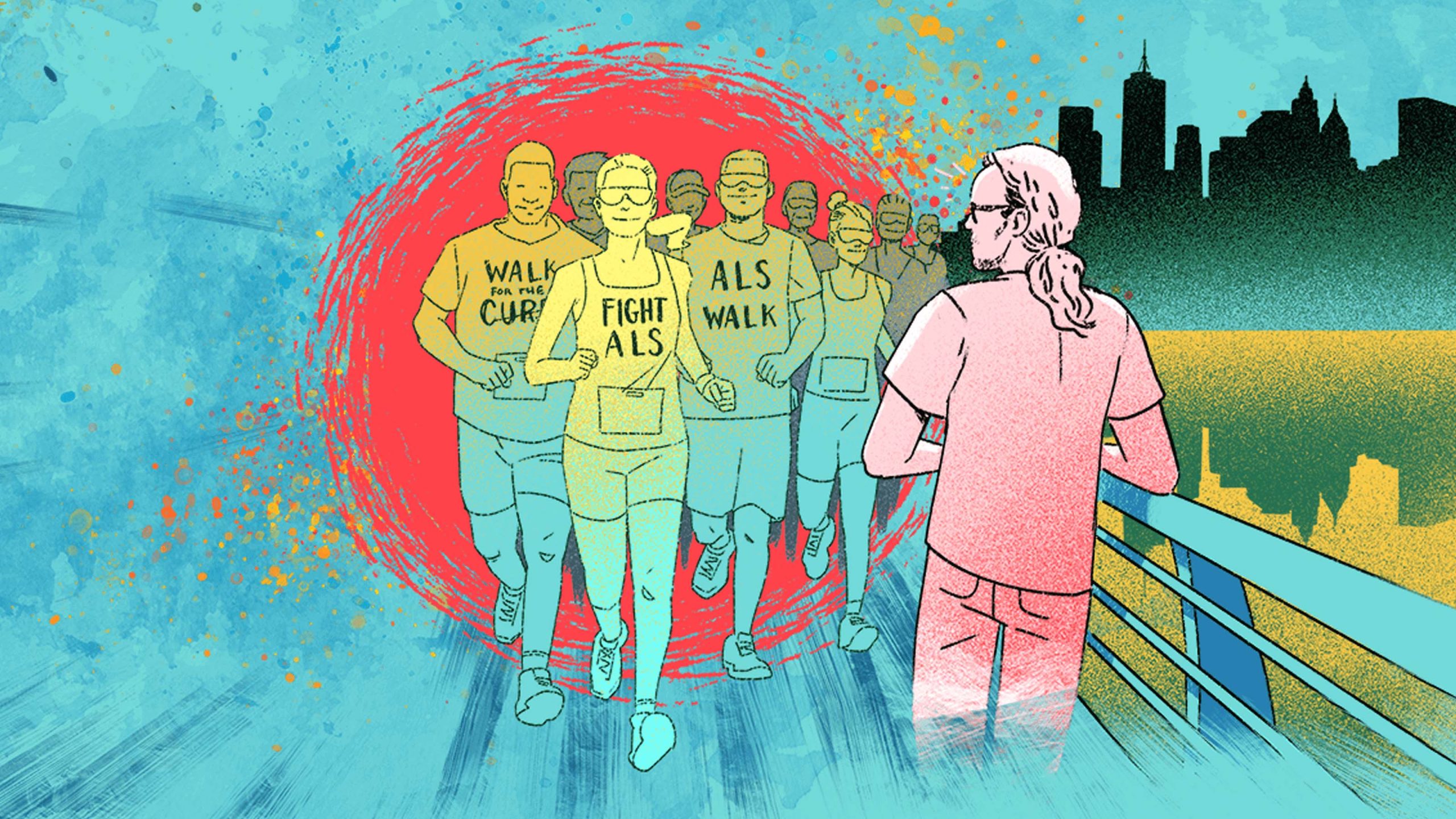 A group of runners in T-shirts with slogans like “Fight ALS” and “Walk for the Cure” run toward a person watching from a bridge.
