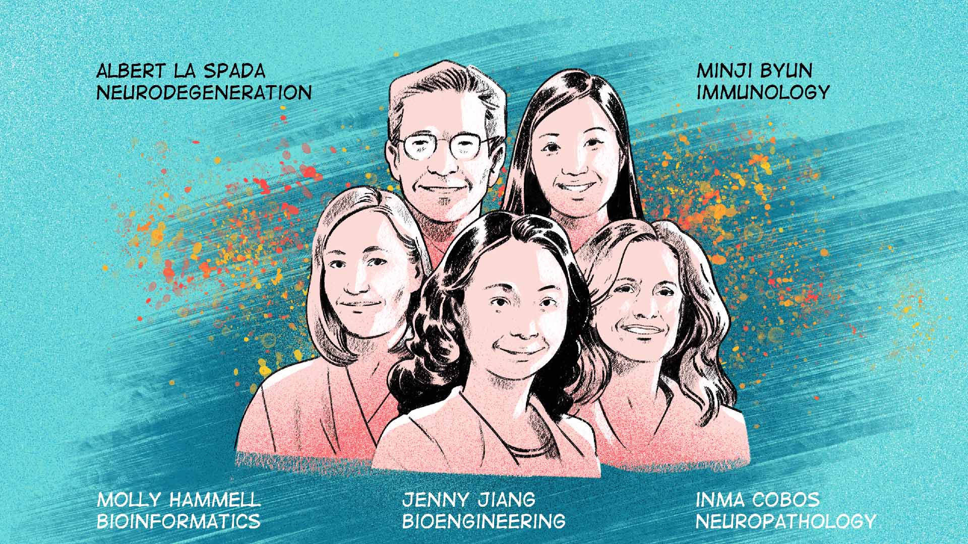 Illustrated portraits of six researchers labeled by name and research field, set against a blue background with colorful paint splashes.