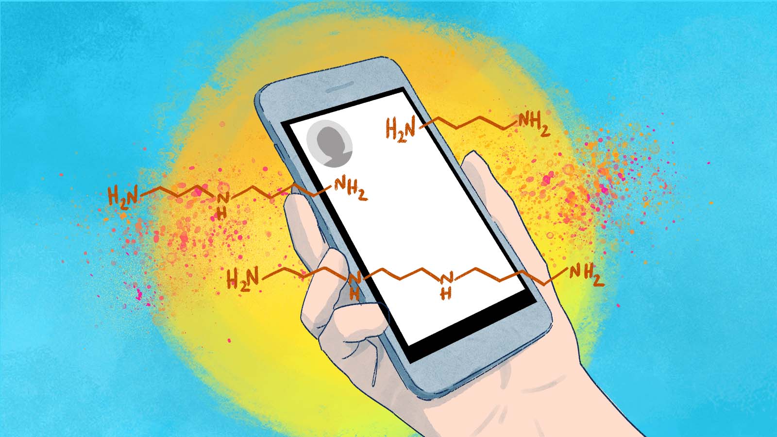 Hand holding smartphone displaying molecular formulas with H₂N-NH₂ chemical structures floating around device on colorful background.