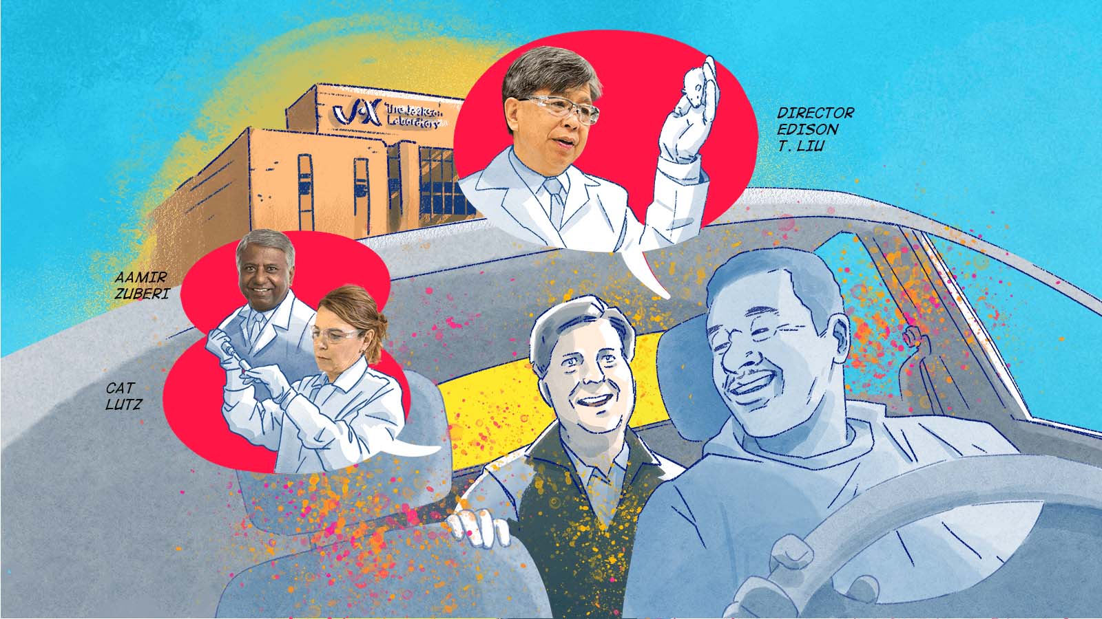 Illustrated laboratory scene showing Director Edison T. Liu, Aamir Zuberi, and Cat Lutz conducting research with Jackson Laboratory building in background.