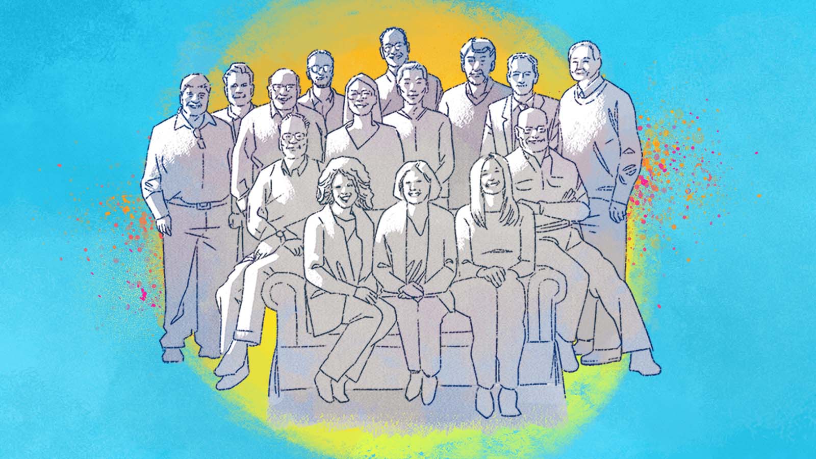 Large group portrait of approximately fifteen people arranged in formal photo pose on colorful watercolor background.