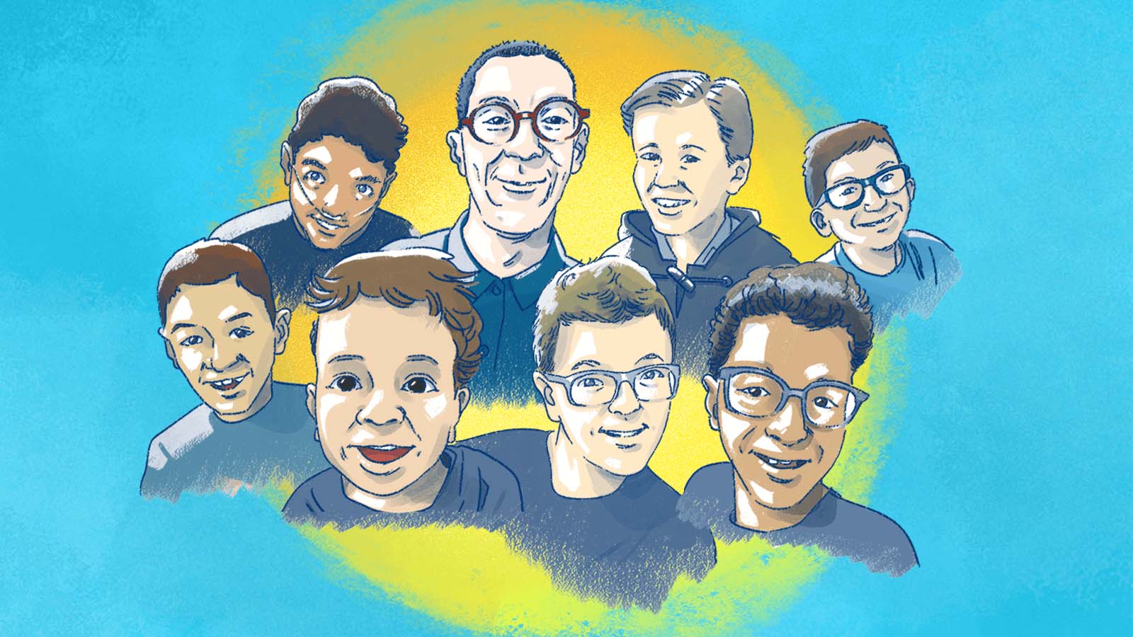 Group portrait of eight diverse individuals smiling together on colorful watercolor background with yellow and blue tones.