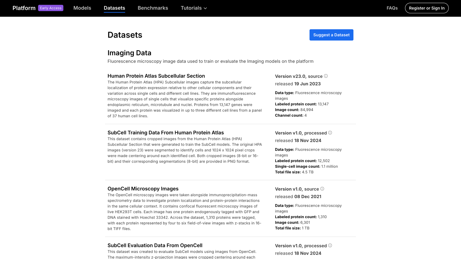Screenshot of the dataset collection page, with details on data type, protein counts and file sizes, and a button to suggest a dataset.