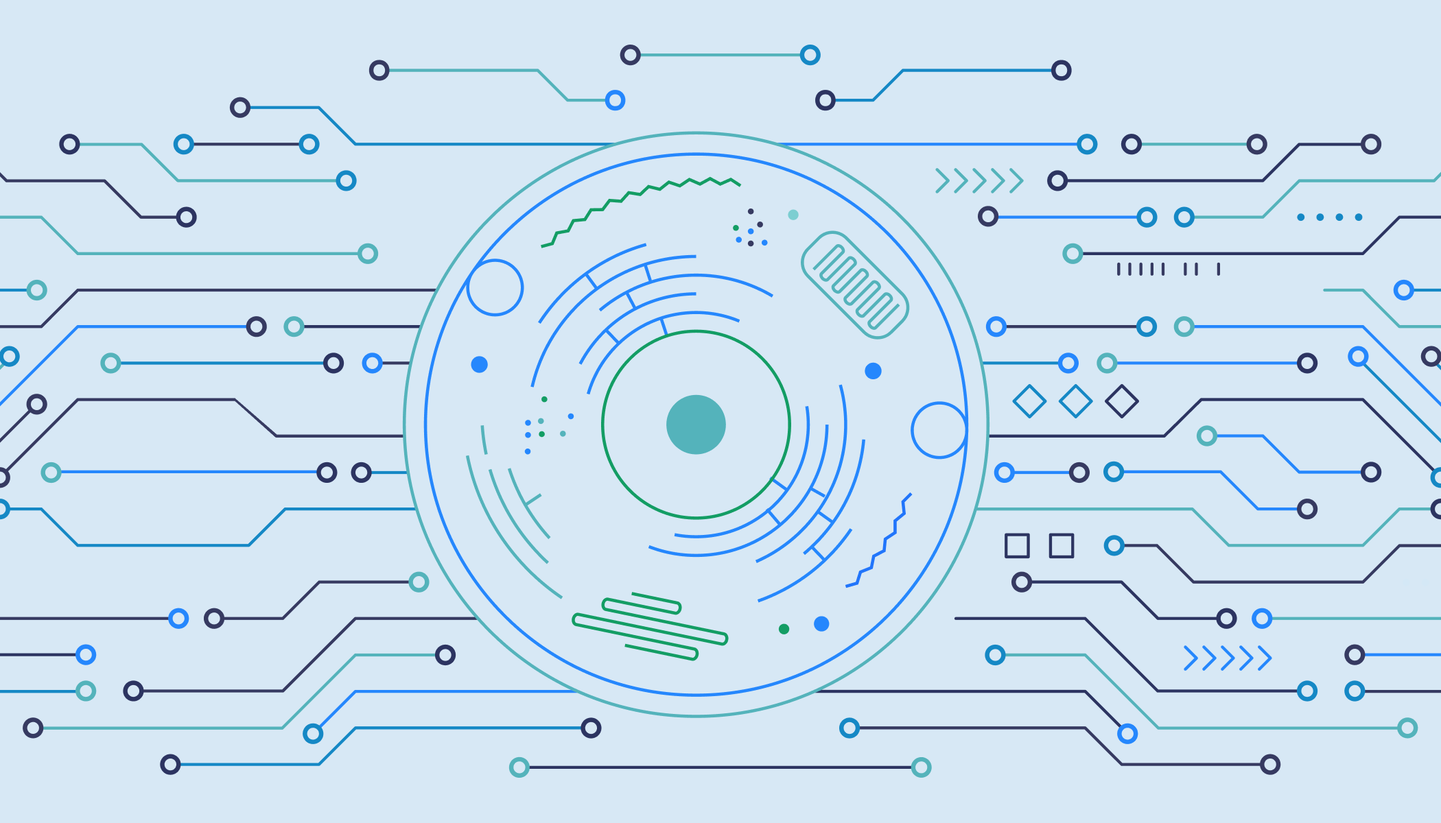 Abstract illustration representing a platform to centralize access to biologically relevant cell models and datasets, featuring interconnected circuits and circular patterns.