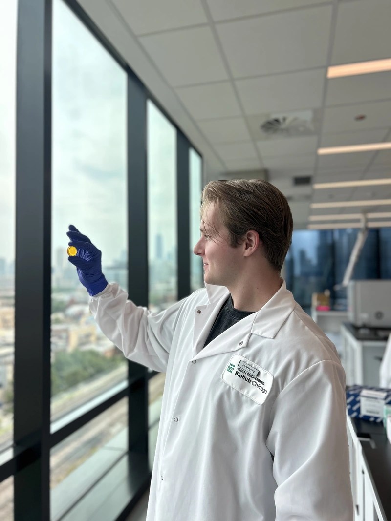 Intern Andrew Hamilton looks at a sample in his group’s lab at the Chicago Biohub