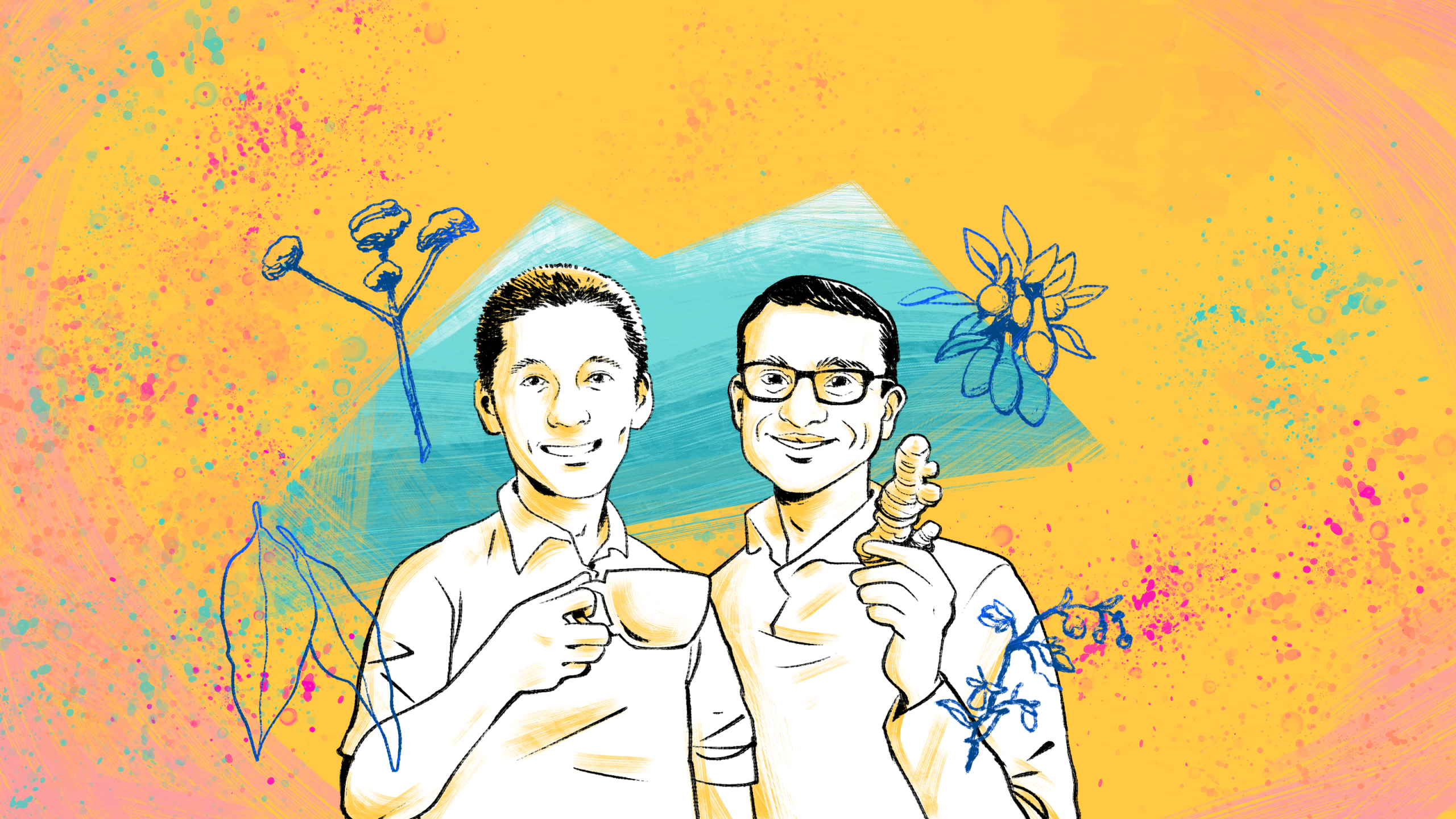 Illustration of two people smiling, one holding a cup of tea the other holding a ginger root