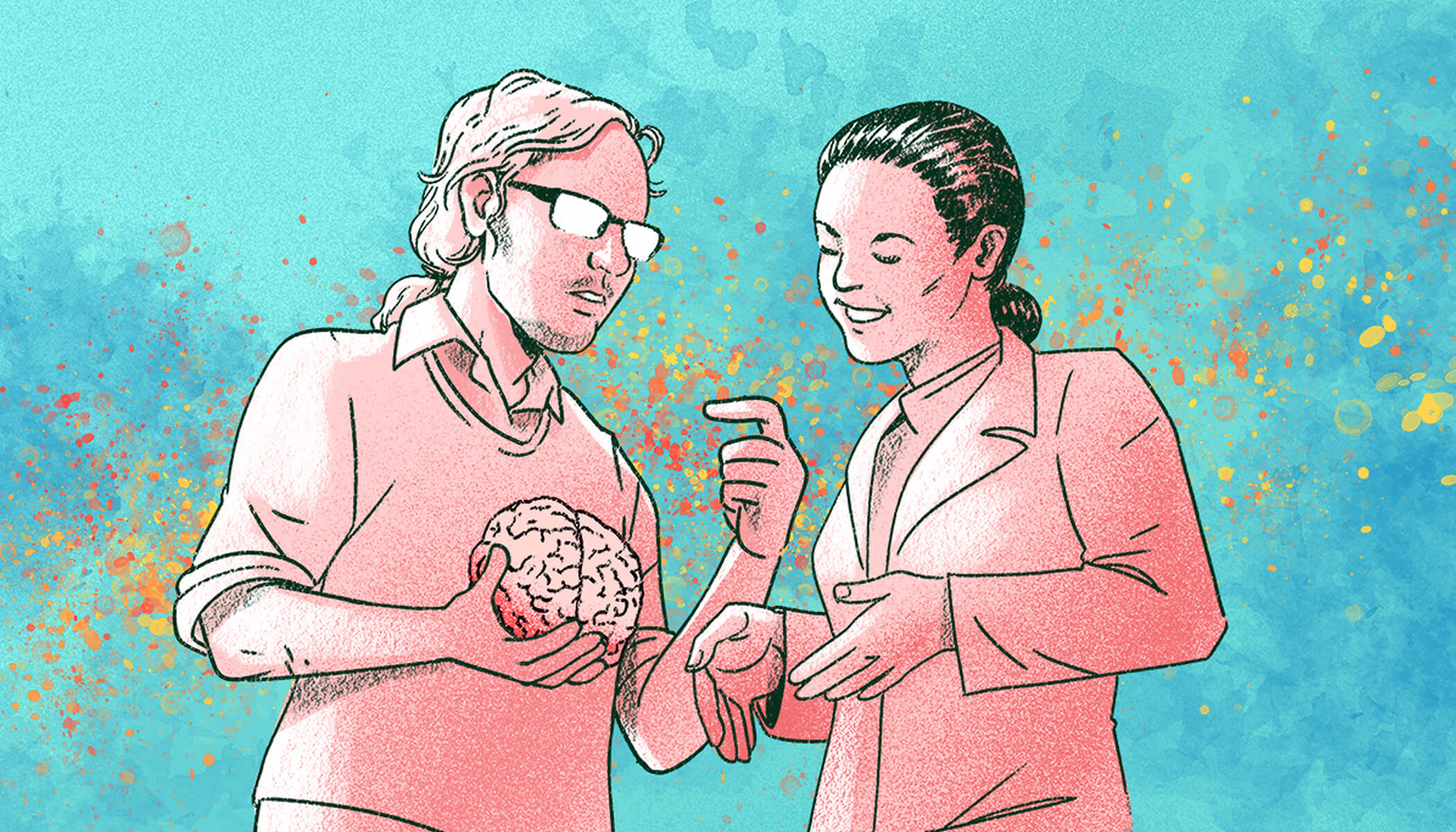 Illustration of Ivan Marazzi in discussion with a colleague