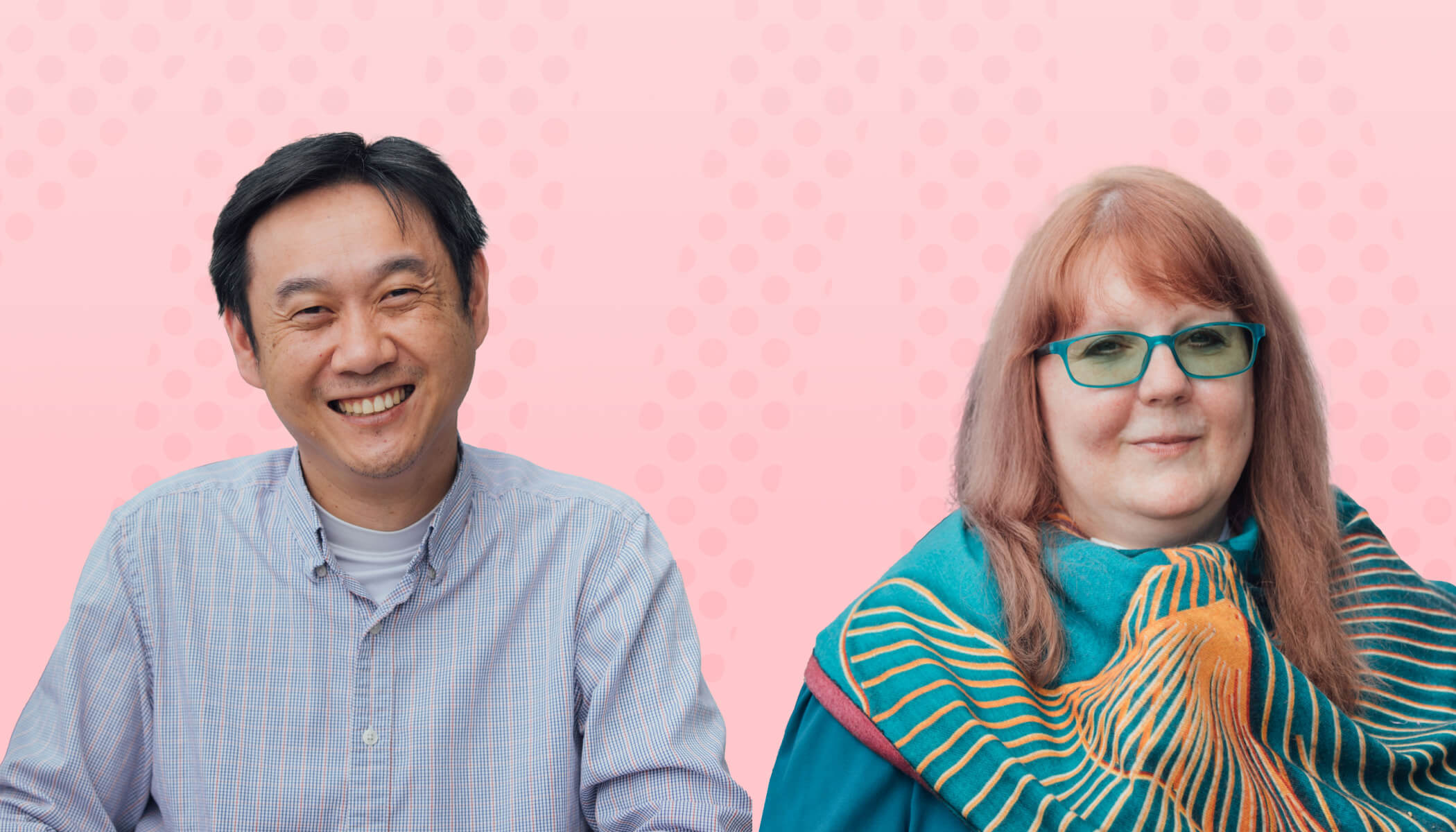 Monkol Lek and Rachel Alvarez smile on a pink background.