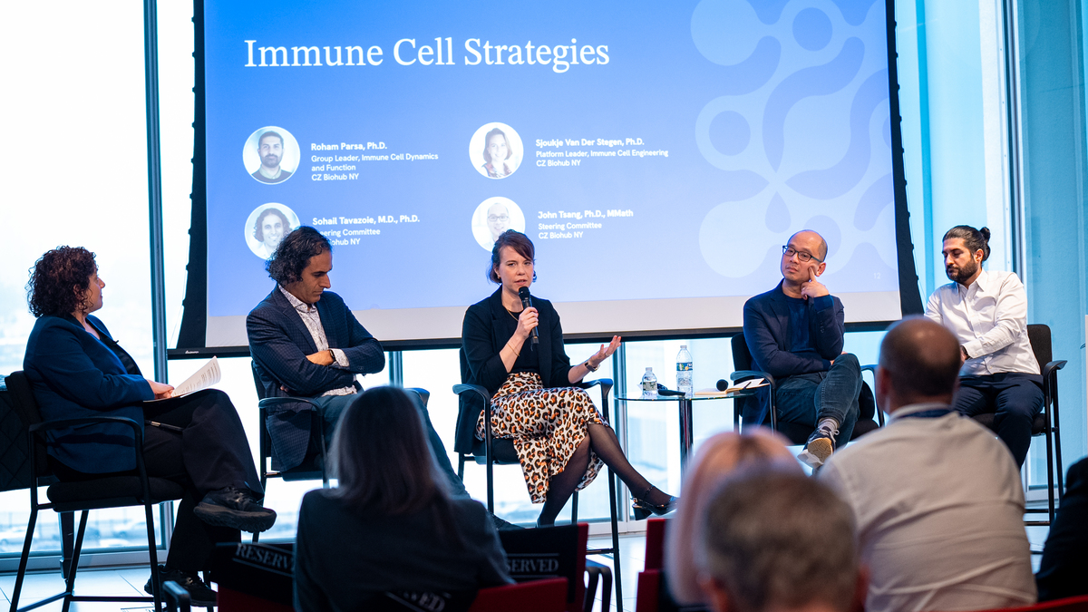 Experts from Biohub NY discuss immune cell strategies during a symposium panel, highlighting research on cell dynamics, engineering, and clinical applications