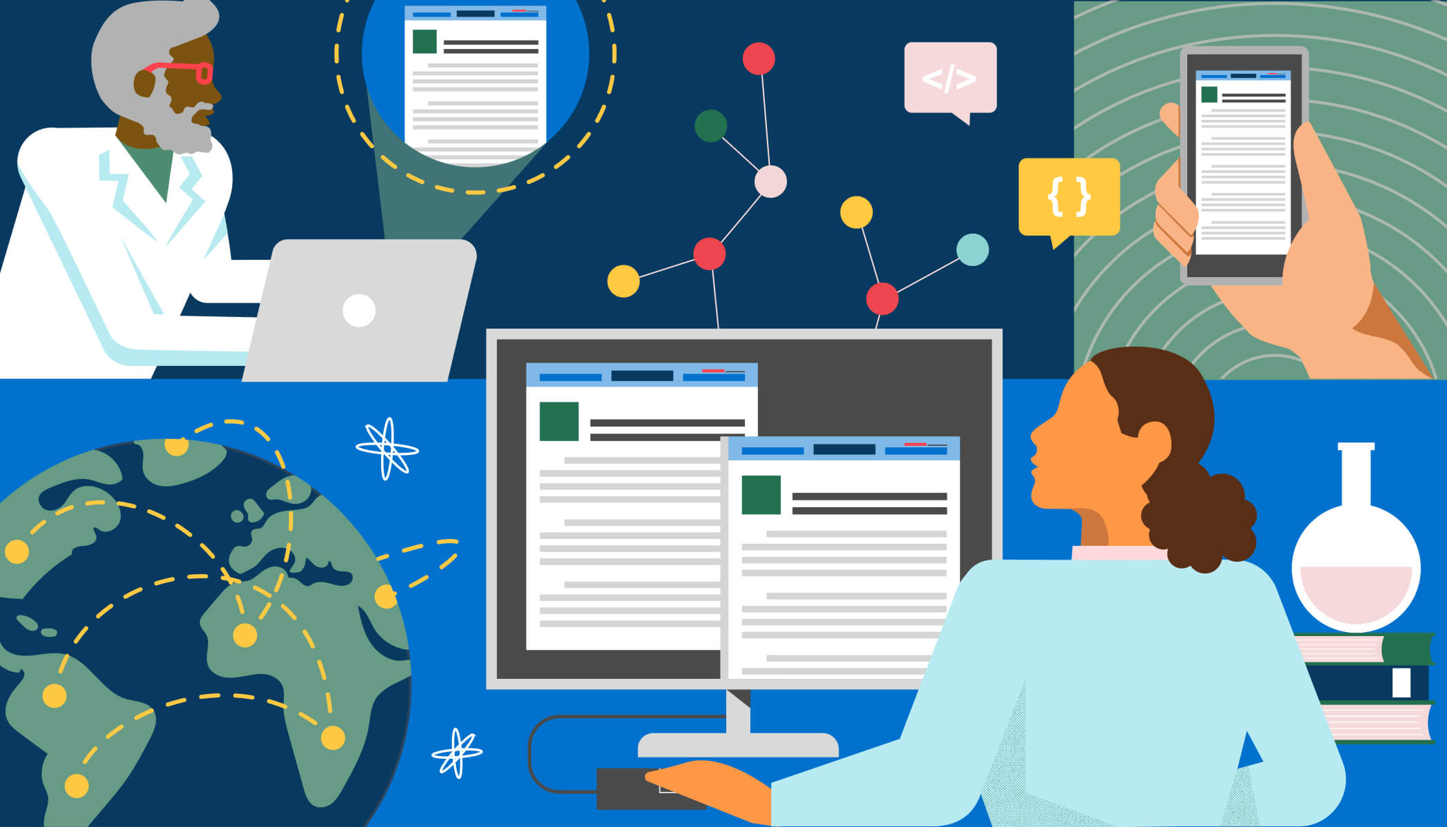 An illustration of a scientist working on a laptop, a researcher at a desktop with research articles on screen, and a hand holding a smartphone displaying an article. A world map with connected nodes represents global collaboration, while molecular structures and coding icons highlight the role of technology in research.