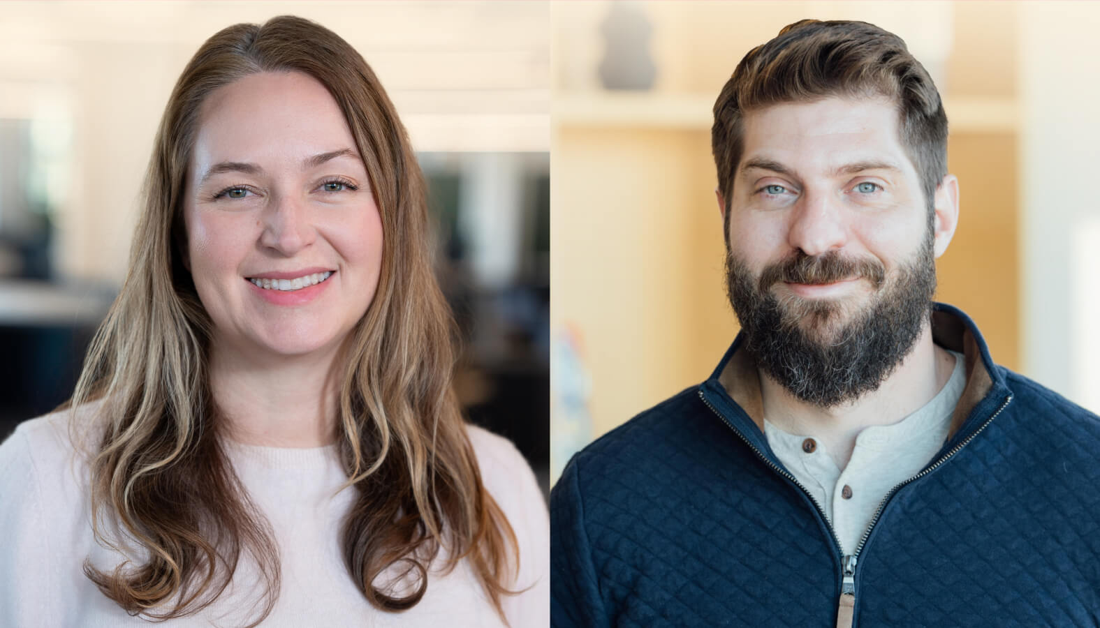 Side-by-side headshots of Sara Simmonds, CZI staff computational biologist, and James Pearce, staff AI/machine learning research scientist.