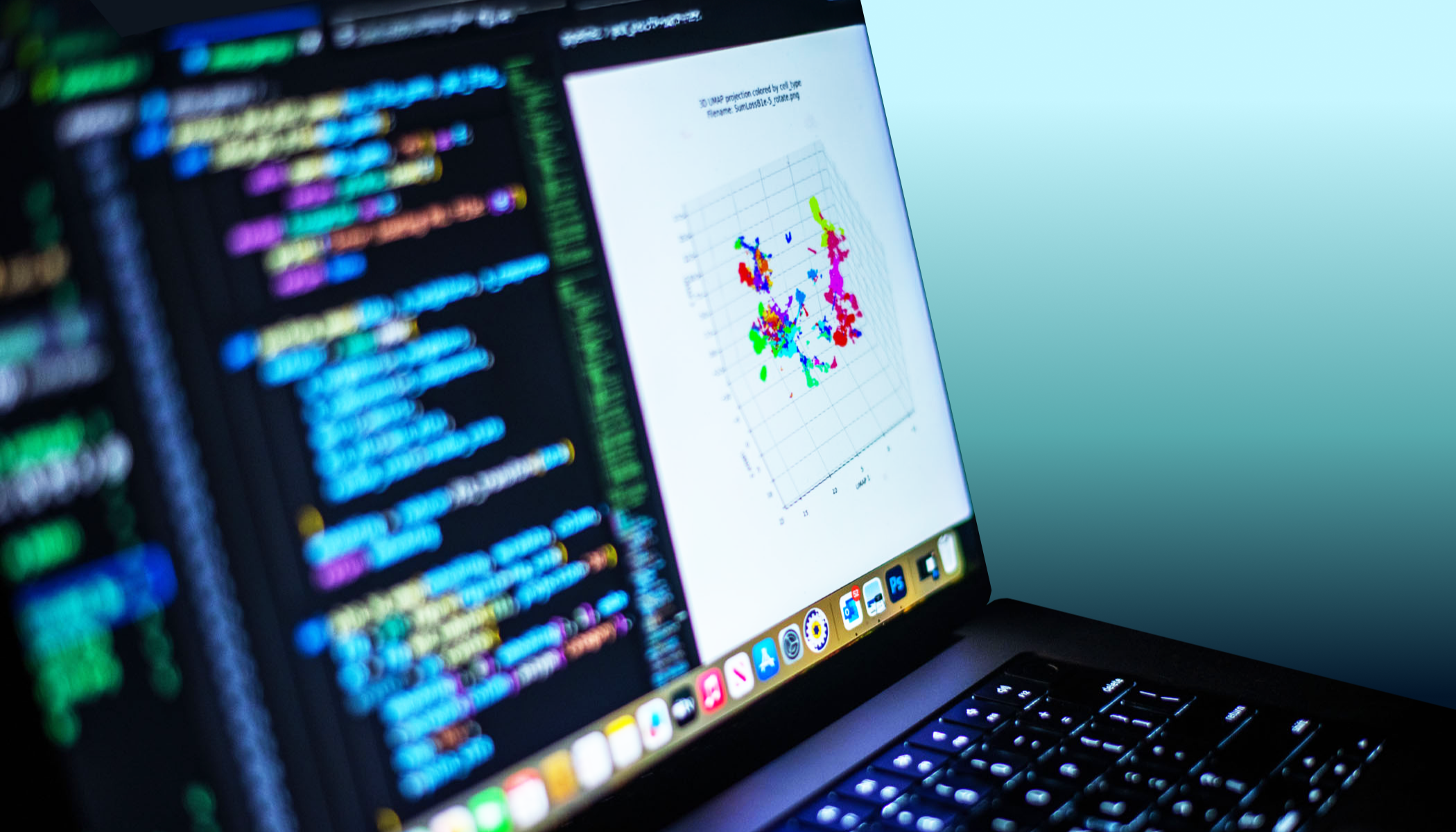 A computer screen displays code on the left-hand side and a model of a UMAP on the right.