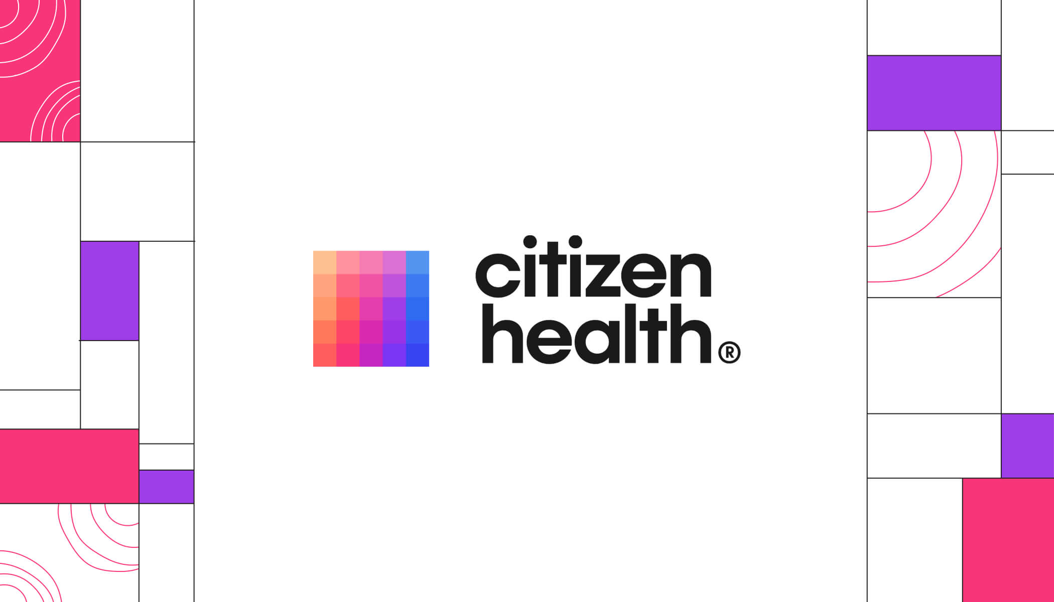 Citizen Health logo featuring a colorful square mosaic in shades of red, pink, and blue, with the words “citizen health” in bold black text on a white background.