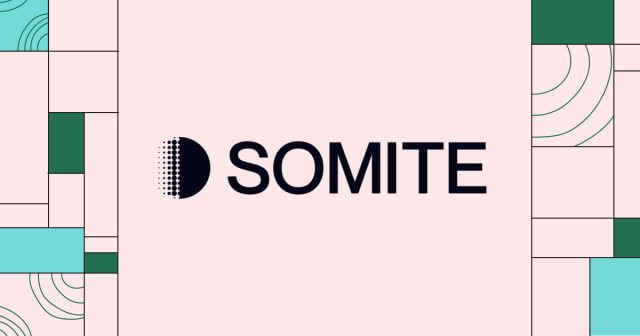 Somite logo with a stylized half-circle design on a pale pink background, surrounded by geometric green and teal patterns.