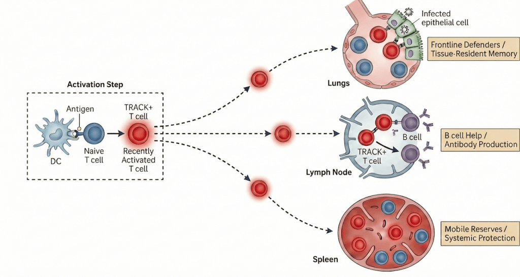 Fluorescent imaging schematic showing activated red-labeled T cells migrating through the bloodstream to the lungs, spleen, and lymph nodes