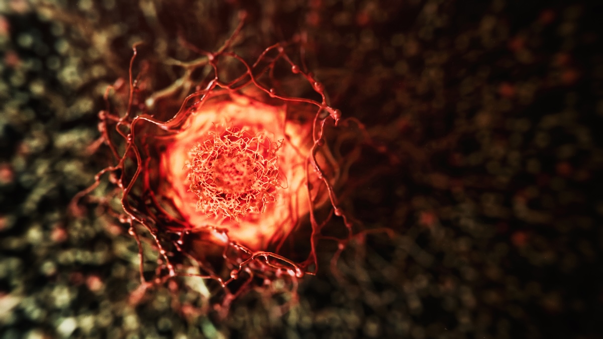 3d rendered image, enhanced scanning electron micrograph (SEM) of cancer cell. Visual of overall shape of the cell's surface at a very high magnification